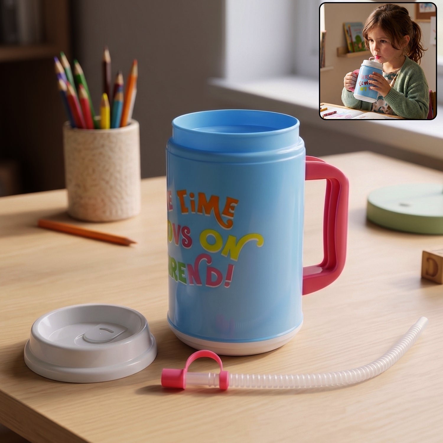 InsulatedMugwithLid-WOSKU-01.jpg Big Plastic Insulated Mug With Straw (1 Pc, 709 ML) - Image 1