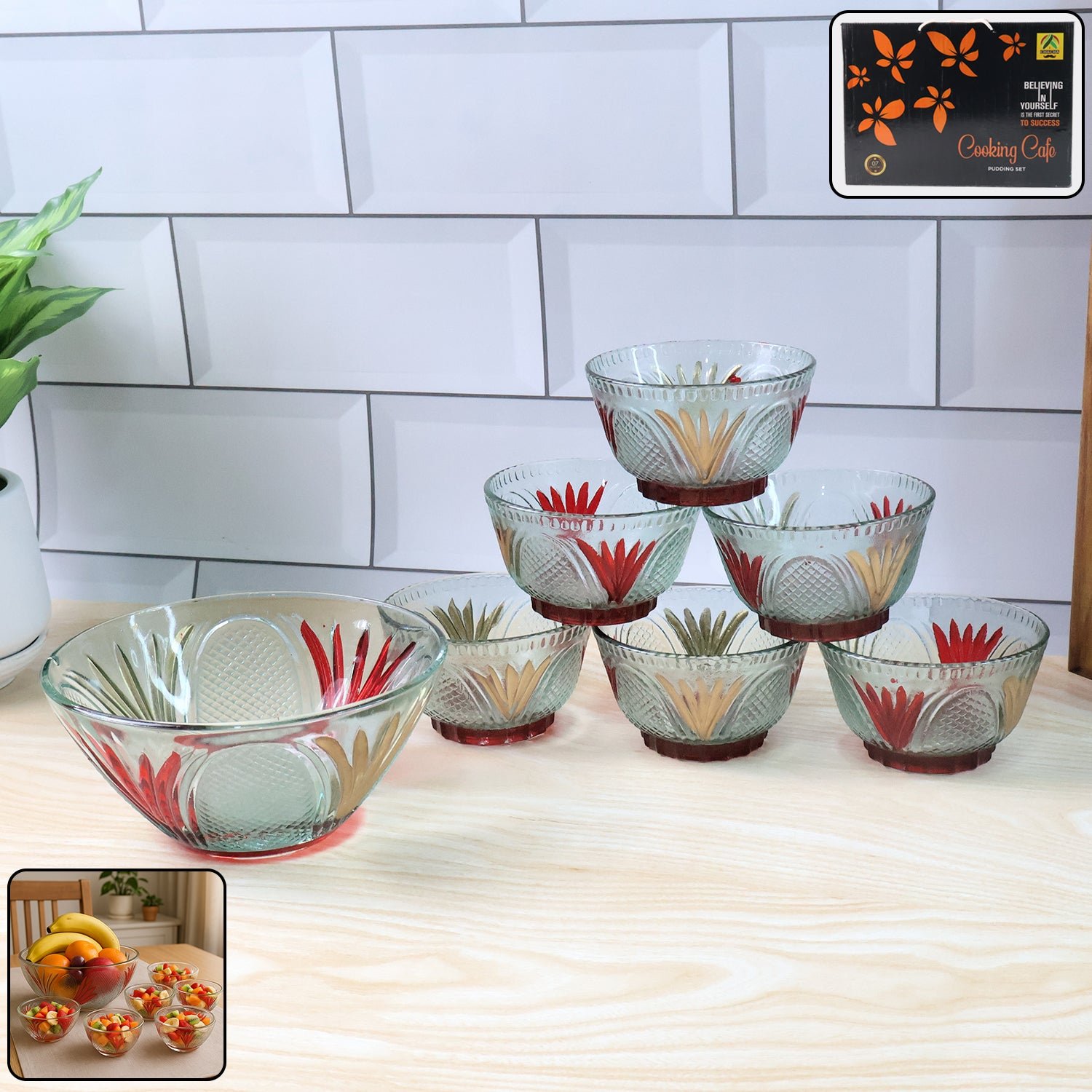 servingbowl-WOSKU-01.jpg Rose glass Multipurpose Pudding / Dessert / Ice Cream Bowl Set for Home use, Home & Kitchen Serving Bowl for Sundae, Sweets, Snacks, Fruit, Pudding, Nuts or Dip, Serving Bowls 6 Medium & 1 Big Bowl (Set of 7 pc) - Image 1